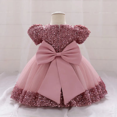 Robe princesse bébé rose à sequins et tulle avec ceinture fleurs