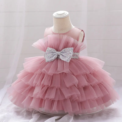 Robe cérémonie fille rose pâle avec ceinture argentée