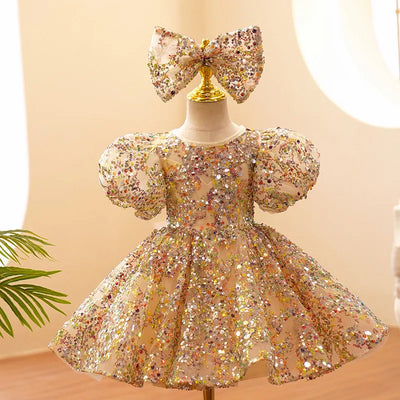 Robe princesse fille champagne à paillettes multicolores avec manches bouffantes et grand nœud