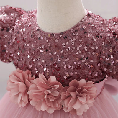 Robe princesse bébé rose à sequins et tulle avec ceinture fleurs