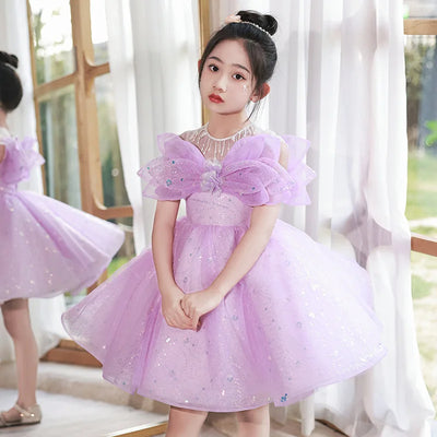 Robe cérémonie fille lilas scintillante avec nœud décoratif