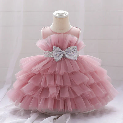 Robe cérémonie fille rose pâle avec ceinture argentée