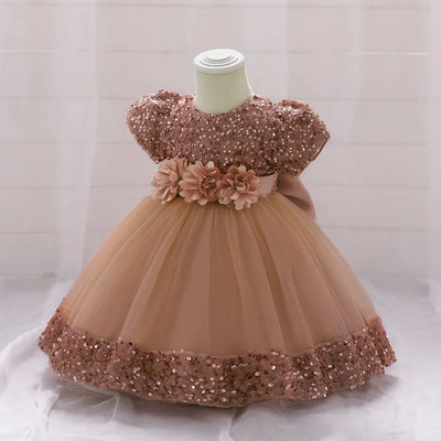 Robe princesse bébé rose à sequins et tulle avec ceinture fleurs