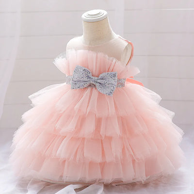 Robe cérémonie fille rose pâle avec ceinture argentée
