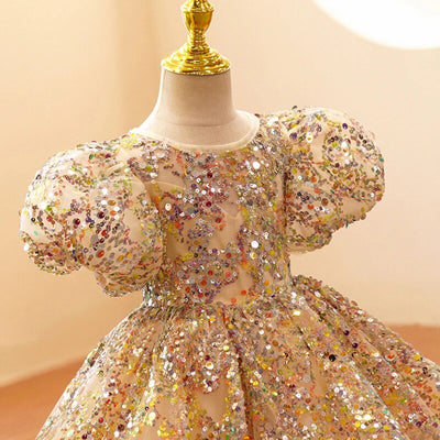Robe princesse fille champagne à paillettes multicolores avec manches bouffantes et grand nœud
