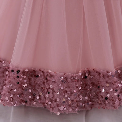 Robe princesse bébé rose à sequins et tulle avec ceinture fleurs
