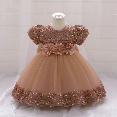 Robe princesse bébé rose à sequins et tulle avec ceinture fleurs