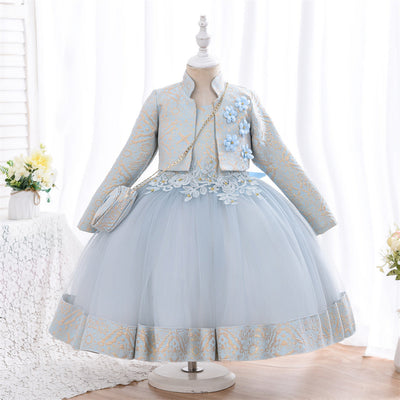 Robe cérémonie fille bleu foncé avec tulle et motifs gris et blancs