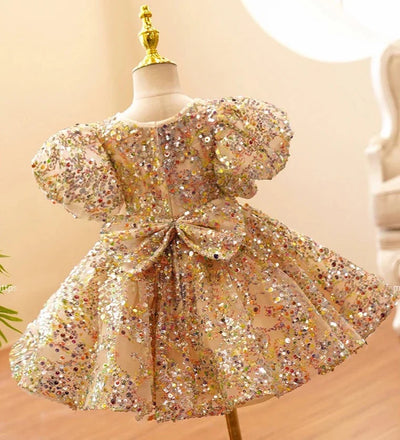 Robe princesse fille champagne à paillettes multicolores avec manches bouffantes et grand nœud