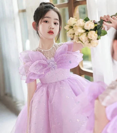 Robe cérémonie fille lilas scintillante avec nœud décoratif