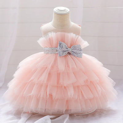Robe cérémonie fille rose pâle avec ceinture argentée