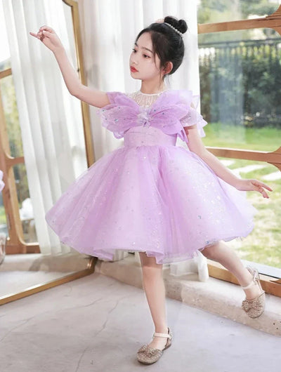 Robe cérémonie fille lilas scintillante avec nœud décoratif