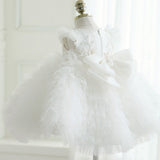 Robe cérémonie fille blanche avec motifs floraux et perles, jupe en tulle bouffante