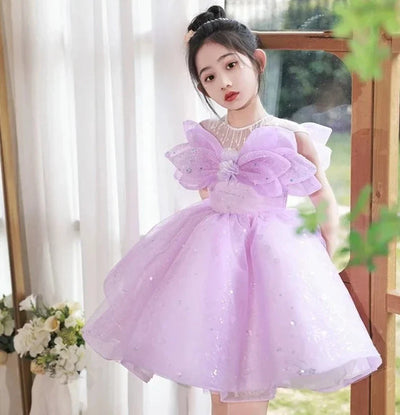 Robe cérémonie fille lilas scintillante avec nœud décoratif