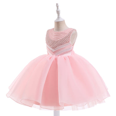 Robe cérémonie fille rose pâle avec perles et jupe ample fluide