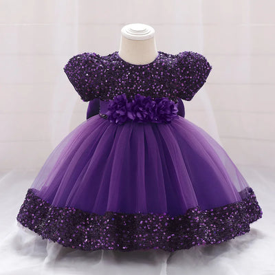 Robe princesse bébé rose à sequins et tulle avec ceinture fleurs
