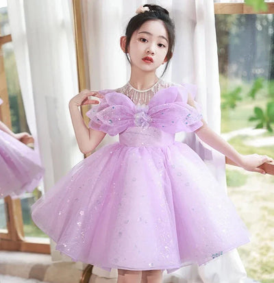 Robe cérémonie fille lilas scintillante avec nœud décoratif