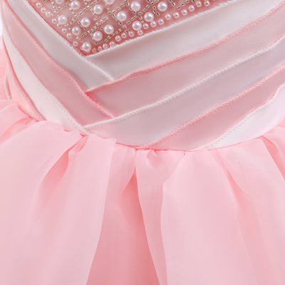 Robe cérémonie fille rose pâle avec perles et jupe ample fluide