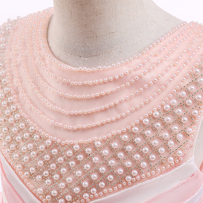 Robe cérémonie fille rose pâle avec perles et jupe ample fluide