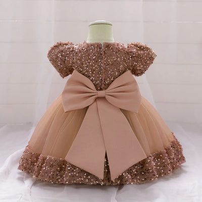 Robe princesse bébé rose à sequins et tulle avec ceinture fleurs