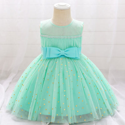 Robe princesse bébé vert menthe avec nœud et motifs cœur dorés