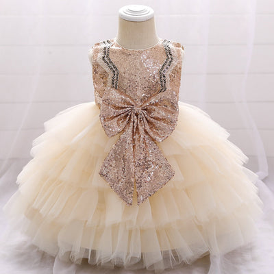 Robe princesse fille rose doré en sequins avec jupe en tulle crème