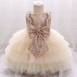 Robe princesse fille rose doré en sequins avec jupe en tulle crème