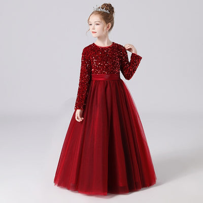 Robe cérémonie fille rouge bordeaux avec paillettes et manches longues