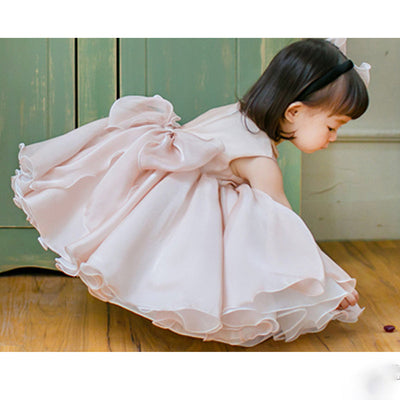 Robe cérémonie fille rose pâle col perles nœud arrière