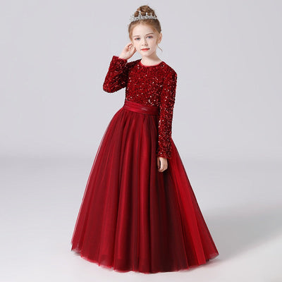 Robe cérémonie fille rouge bordeaux avec paillettes et manches longues