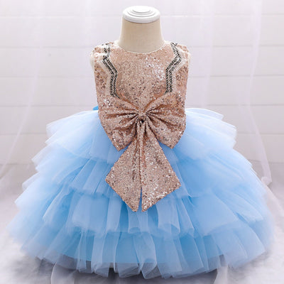 Robe princesse fille rose doré en sequins avec jupe en tulle crème