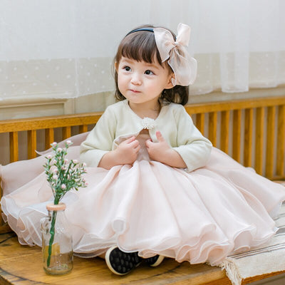 Robe cérémonie fille rose pâle col perles nœud arrière