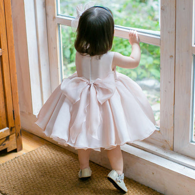 Robe cérémonie fille rose pâle col perles nœud arrière