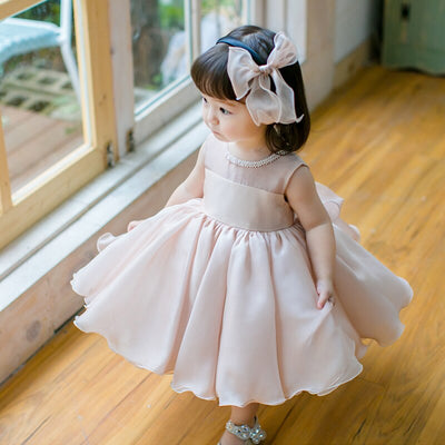 Robe cérémonie fille rose pâle col perles nœud arrière