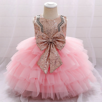Robe princesse fille rose doré en sequins avec jupe en tulle crème