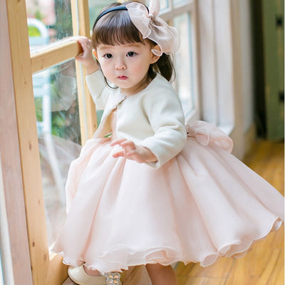Robe cérémonie fille rose pâle col perles nœud arrière