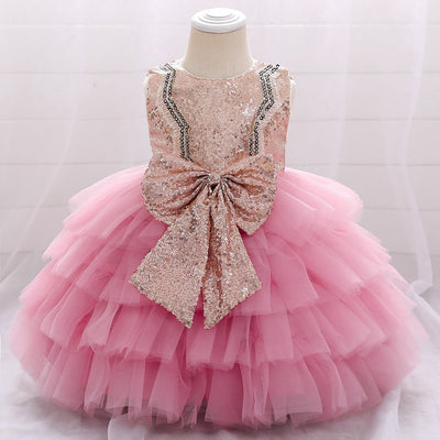 Robe princesse fille rose doré en sequins avec jupe en tulle crème