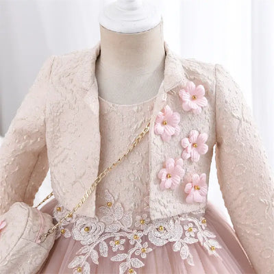 Robe cérémonie fille bleu foncé avec tulle et motifs gris et blancs