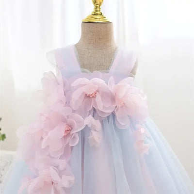 Robe cérémonie fille bleu clair et rose pâle avec fleurs en relief
