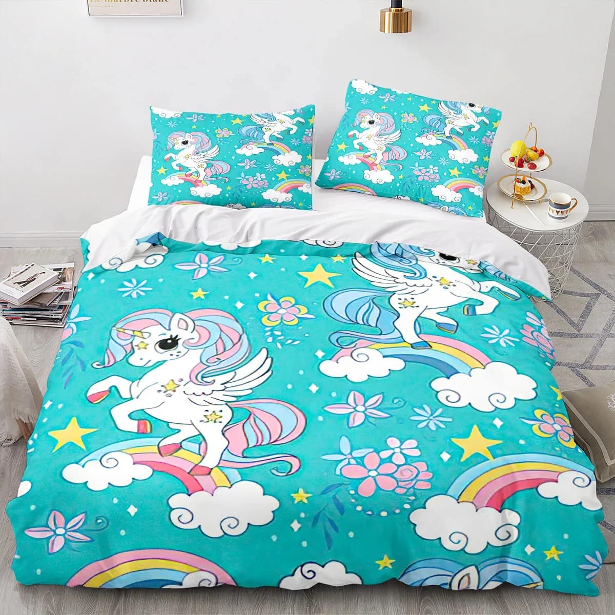 HZVRTN Parure De Lit 3 Pièces En Microfibre Avec Housse De Couette Et Taie D 'oreiller, Motif De Motocross Licorne Pour Enfants (Flash Gold Licorne, 200 X 200 Cm