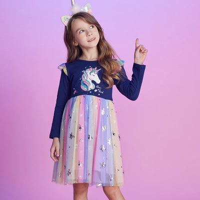 Robe Licorne Bleu Tutu Multicolore à Manches Longues