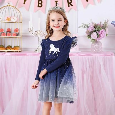 Robe Licorne Fille Bleu à Manches Longues