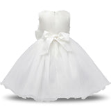 Robe princesse bébé blanche à motif floral avec nœud et jupe en tulle.