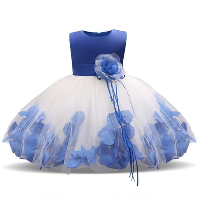 Robe princesse bébé bleu uni avec jupe tulle blanche motifs floraux bleu vif