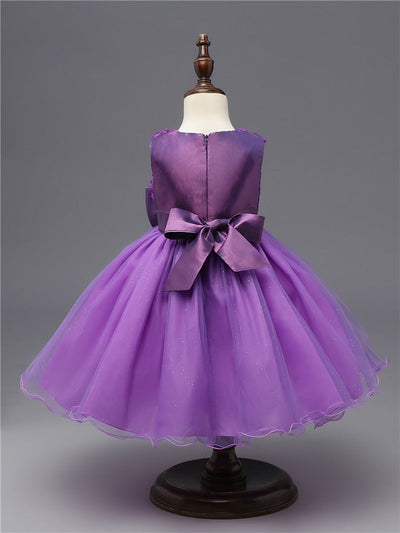 Robe princesse bébé violet motif floral avec nœud en satin et jupe en tulle scintillante