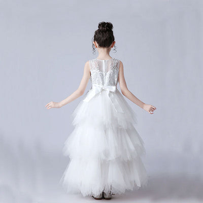 Robe cérémonie fille blanche avec dentelle et tulle volumineux