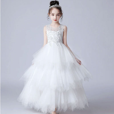 Robe cérémonie fille blanche avec dentelle et tulle volumineux