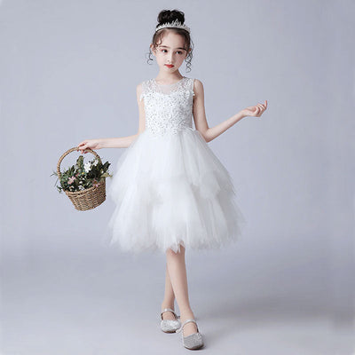 Robe cérémonie fille blanche avec broderie et tulle évasé