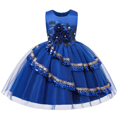 Robe cérémonie fille crème avec motifs floraux et paillettes dorées