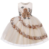 Robe cérémonie fille crème avec motifs floraux et paillettes dorées